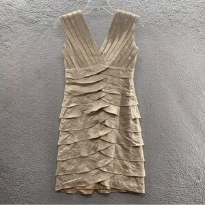 Adrianna Papell Golden Beige Shimmer Tiered Sleeveless V-Neck V-Back Dress Sz 4P